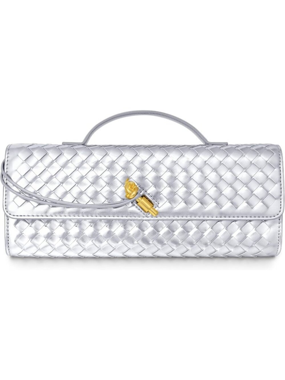 Women Silver Woven Vegan Leather Clutch Purse Formal Evening Crossbody Bag